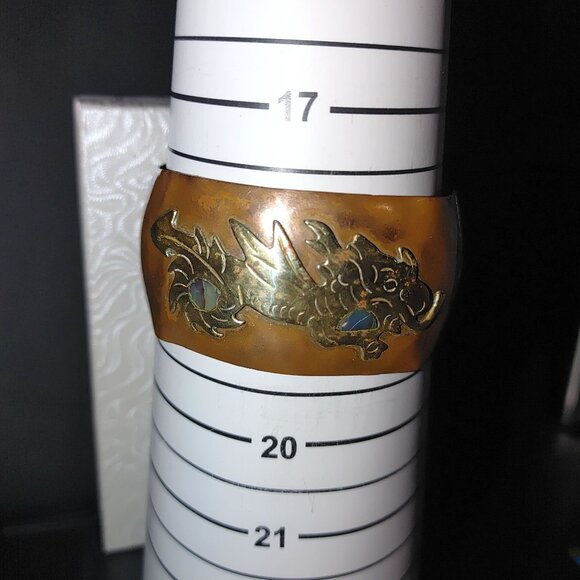 Dragon Mexican Copper Cuff Bracelet MCM Vintage Brass Dragon Abalone 1 Inch Wide - Picture 8 of 12